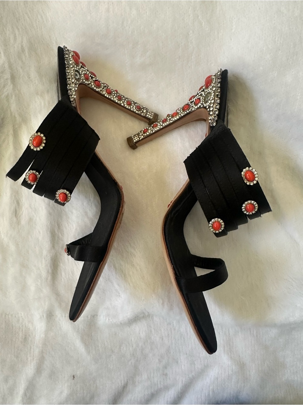 VALENTINO GARAVANI Dans Le Foyer Black Satin Crystal Coral Mules Heels 37